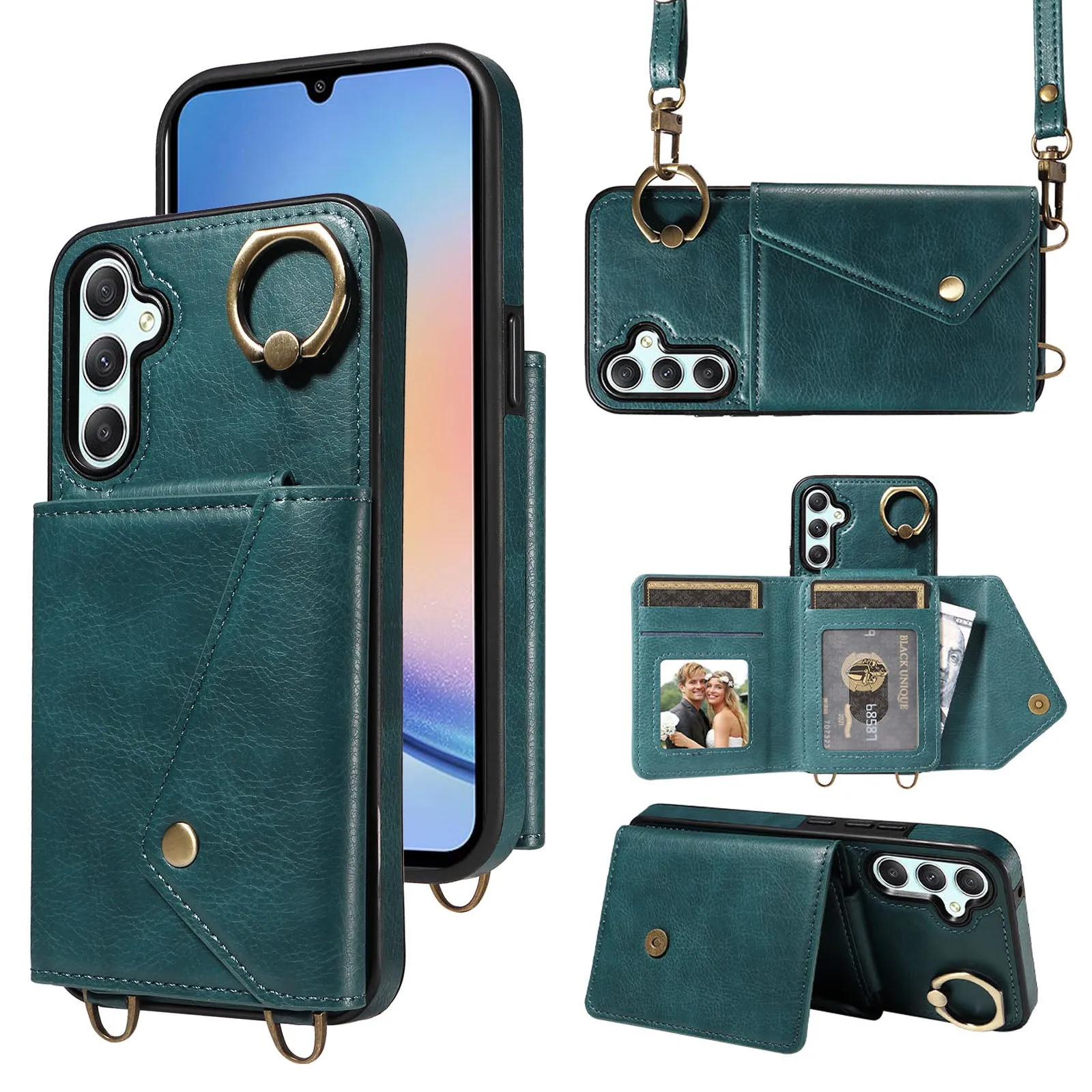 002 Litchi Texture Phone Shell for Samsung Galaxy A34 5G , Ring Kickstand Card Bag Leather TPU Case with Shoulder Strap