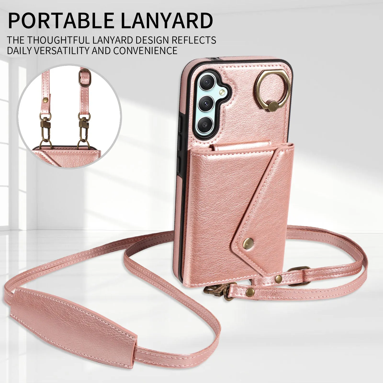 002 Litchi Texture Phone Shell for Samsung Galaxy A34 5G , Ring Kickstand Card Bag Leather TPU Case with Shoulder Strap