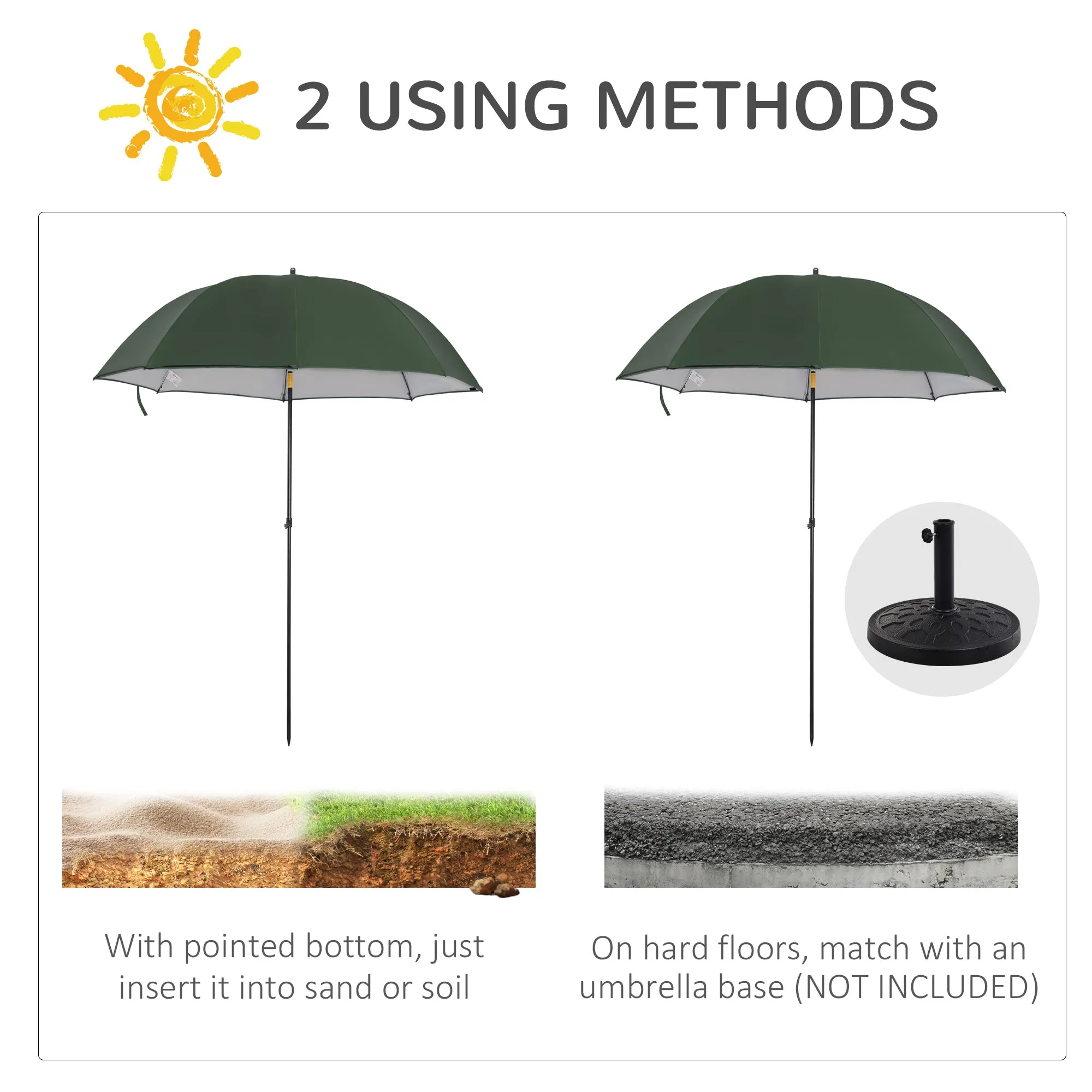 2m Beach Parasol Fishing Umbrella Brolly with Sides and Push Botton Tilt Sun Shade Shelter with Carry Bag, UV30 , Green