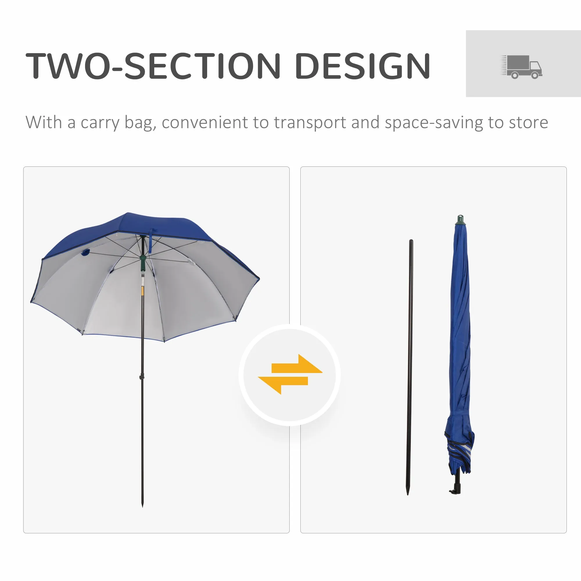 2m Beach Parasol Fishing Umbrella Brolly with Sides and Push Botton Tilt Sun Shade Shelter with Carry Bag