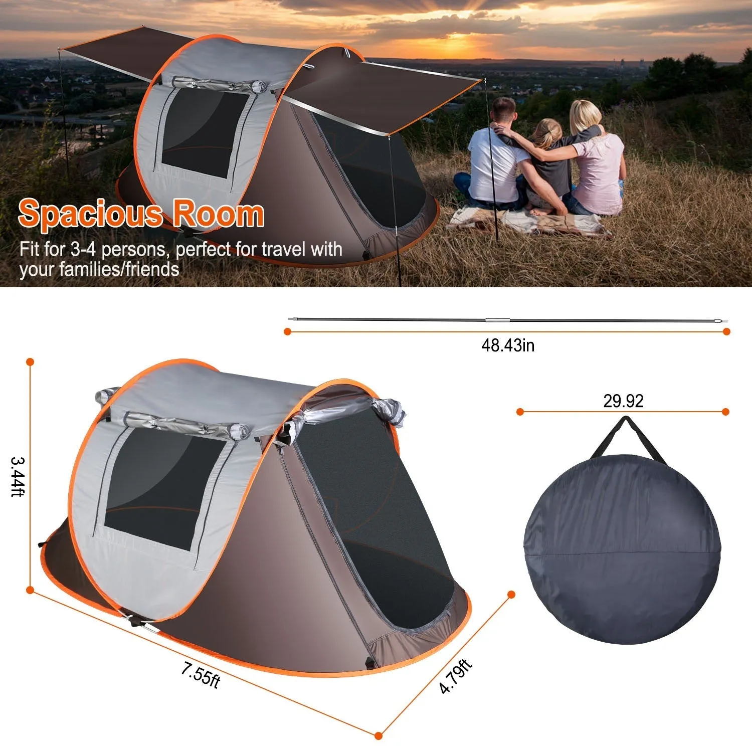 3-4 Person Pop Up Tent Automatic Setup Camping Tent Waterproof Instant Setup Tent with 4 Tent Poles 2 Mosquito Net Windows Carrying Bag for Hiking Climbing Fishing