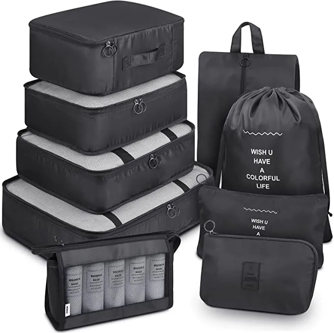 9 Pc Set Travel Compact Packing Organizers W/ Electronic & Cosmetic Bag For Luggage