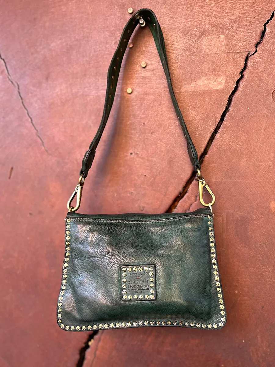 Agnese Rivet Shoulder Bag in Bottle Green Leather