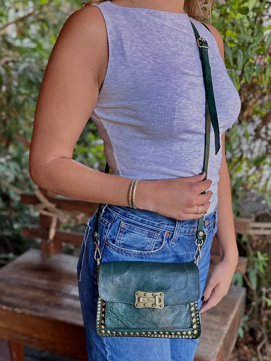 Agnese Rivet Shoulder Bag in Bottle Green Leather