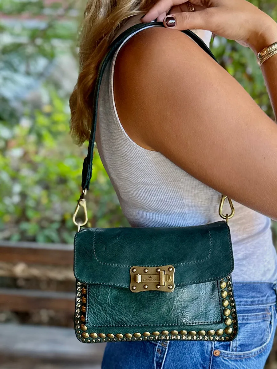 Agnese Rivet Shoulder Bag in Bottle Green Leather