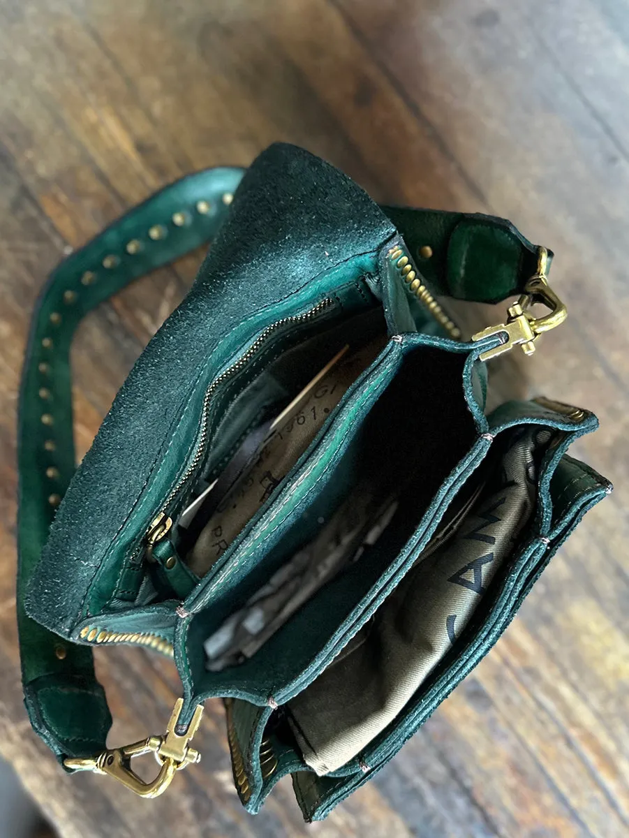 Agnese Rivet Shoulder Bag in Bottle Green Leather