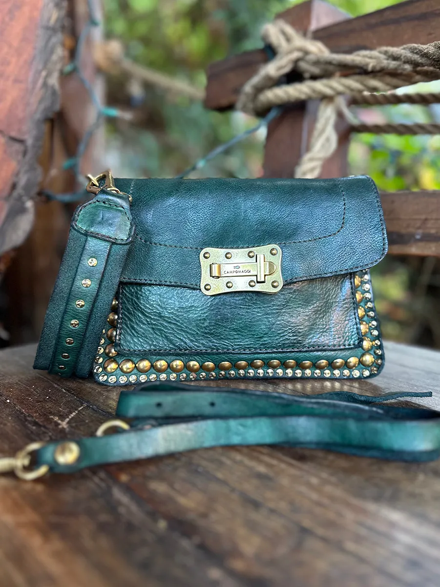 Agnese Rivet Shoulder Bag in Bottle Green Leather