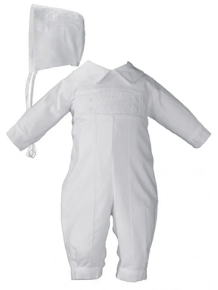 Baby Boys White Long Sleeve Cotton Hand Smocked Christening Outfit 0-24M