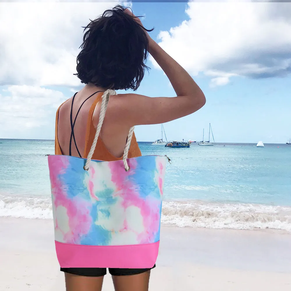 Beach Tote Bag with Rope Handles and Magnetic Seal - Tie Dye Design