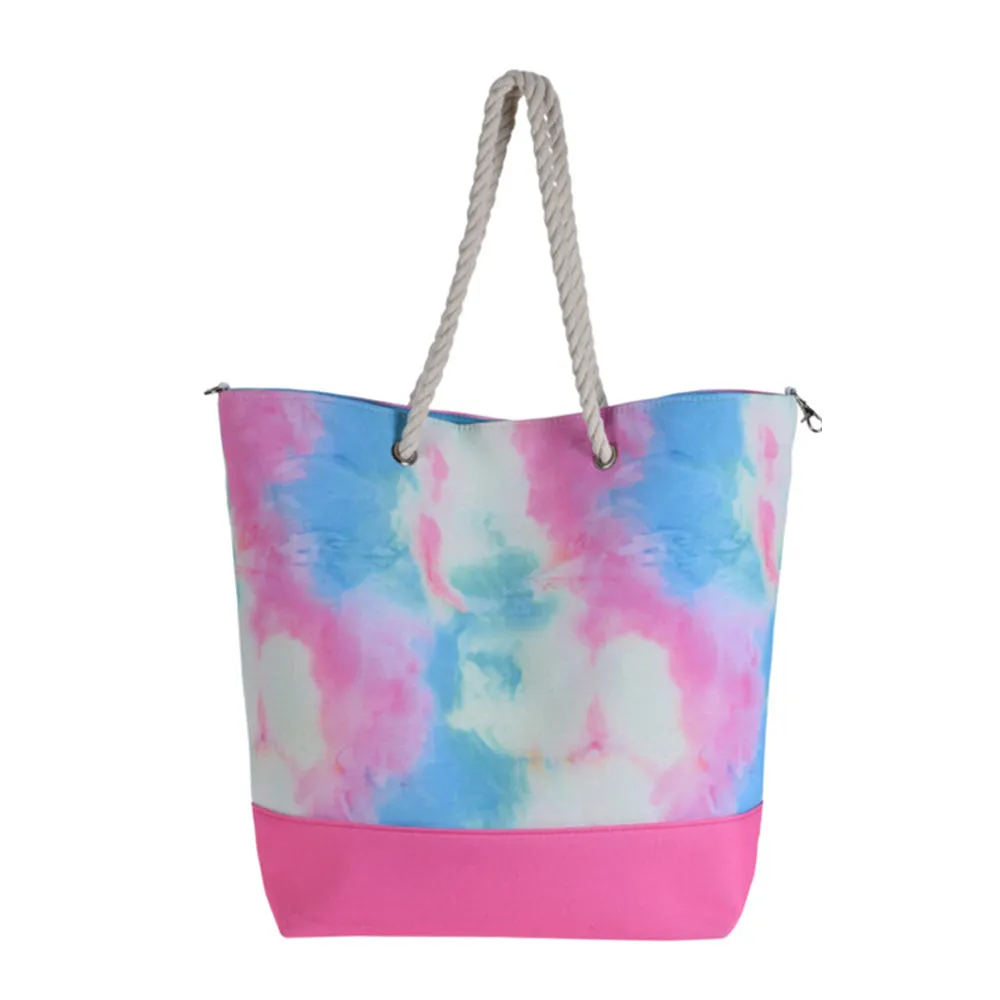 Beach Tote Bag with Rope Handles and Magnetic Seal - Tie Dye Design