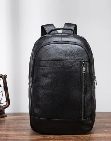 Black Cool Mens Leather College Backpack Laptop Backpack Black Travel Backpack for Men