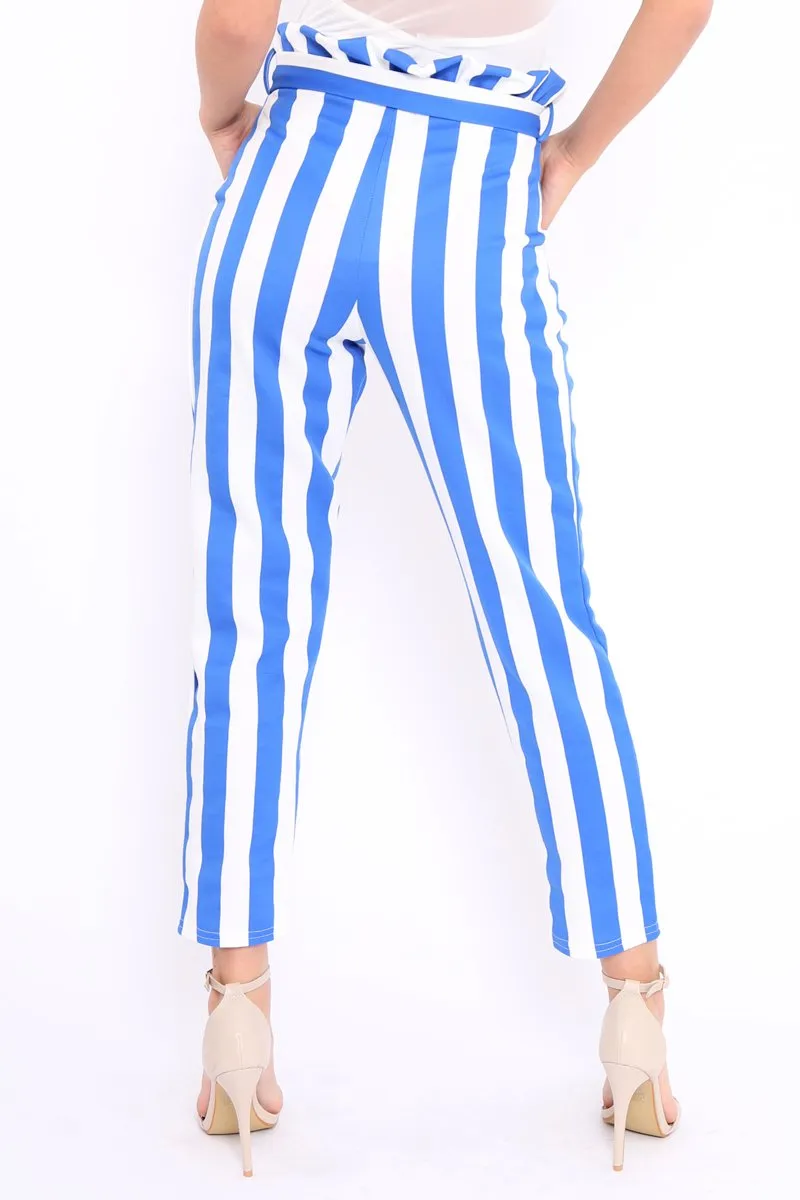 Blue and White Striped Tie Waist Tapered Trousers - Dura