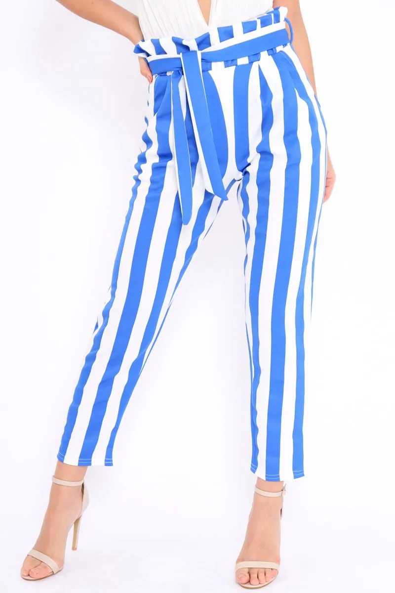 Blue and White Striped Tie Waist Tapered Trousers - Dura