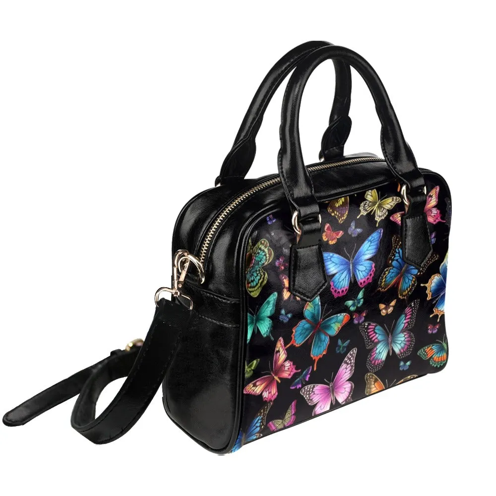 Butterfly Leather Purse, Women Designer Handbag Animal Print Black Small Cute Shoulder Vegan Leather Crossbody Bag Ladies