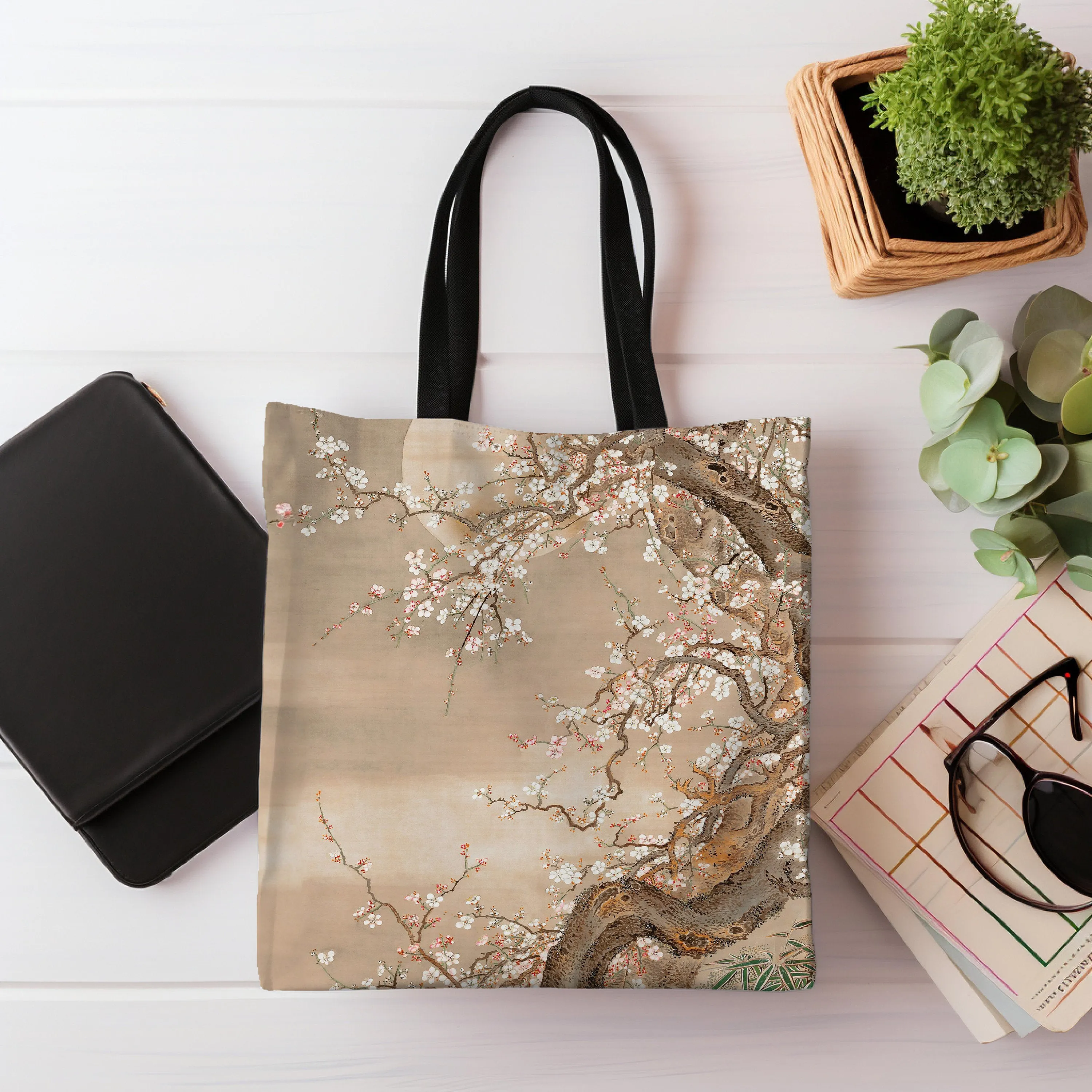 Canvas Cherry Blossoms Tote Bag Japandi Style