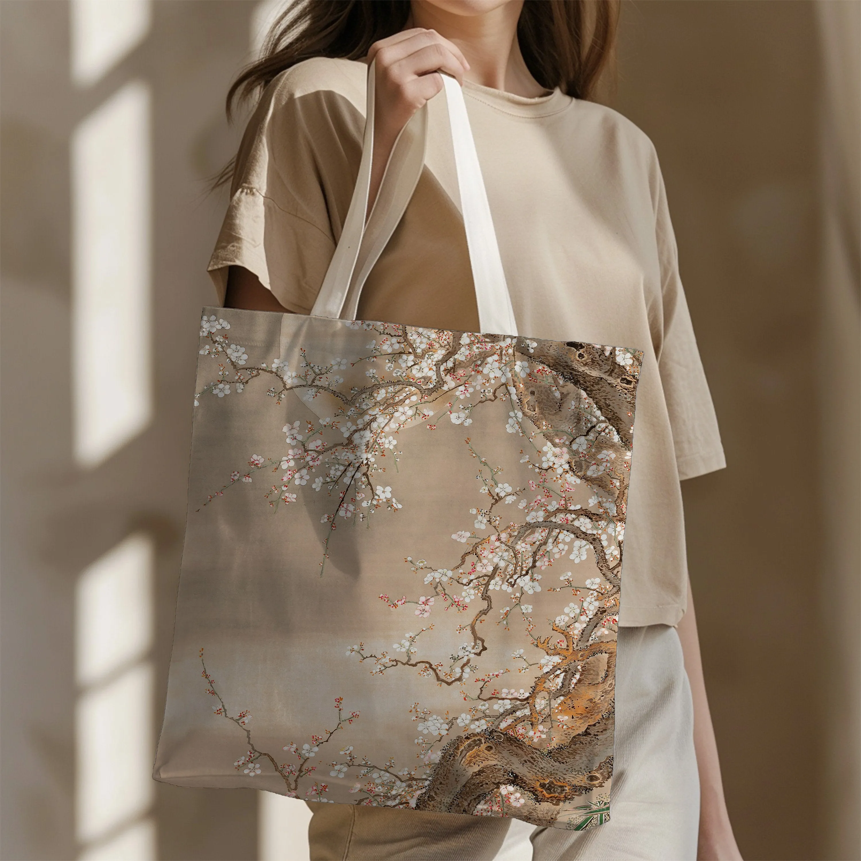 Canvas Cherry Blossoms Tote Bag Japandi Style