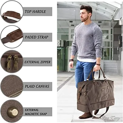 Canvas Travel Tote Luggage Men's Weekender Duffle Bag with Shoe compartment and Toiletry Bag (Chocolate)