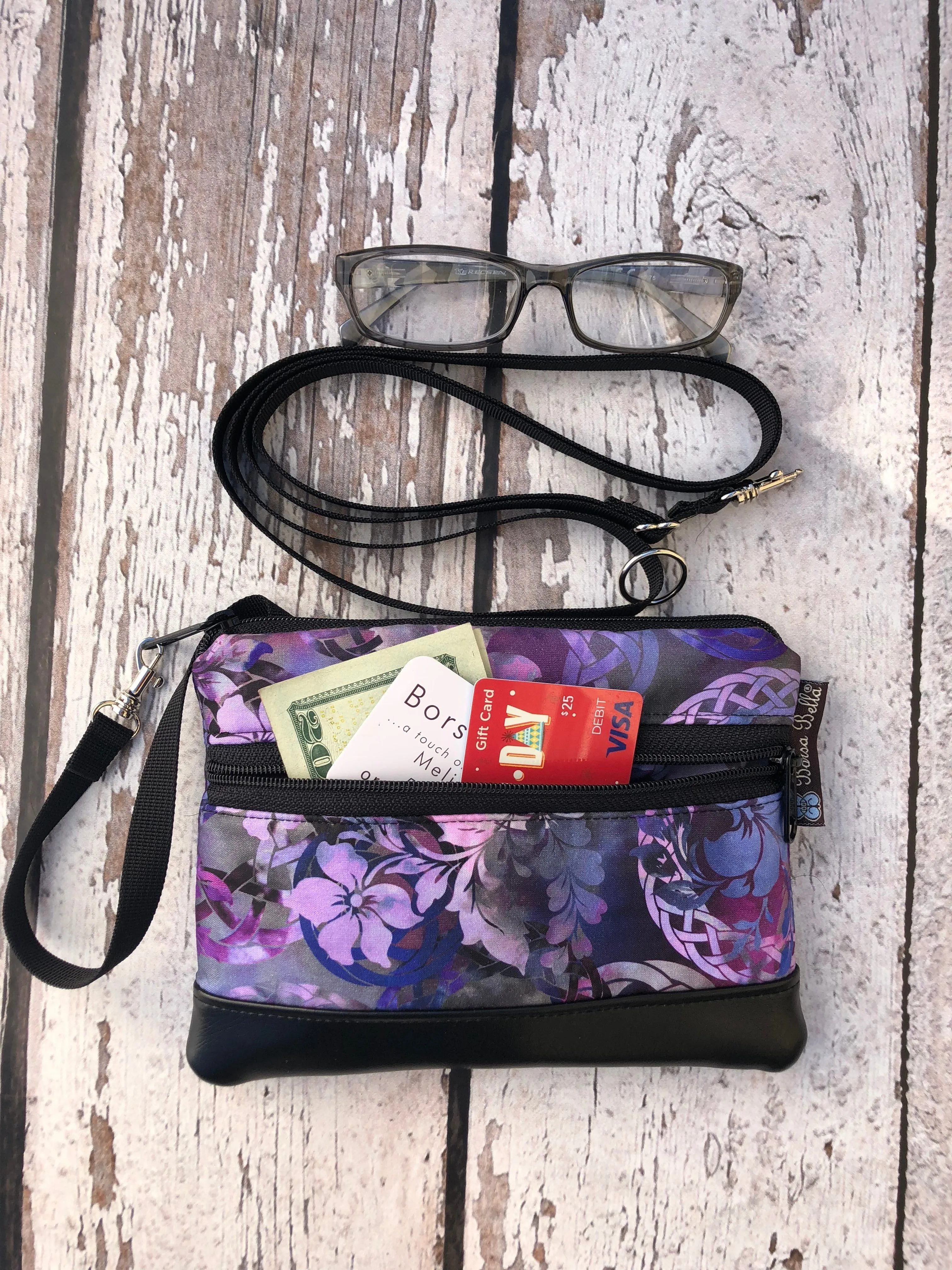 Copy of Deluxe Long Zip Phone Bag - Converts to Cross Body Purse - Black and White Daisy Doodles Fabric