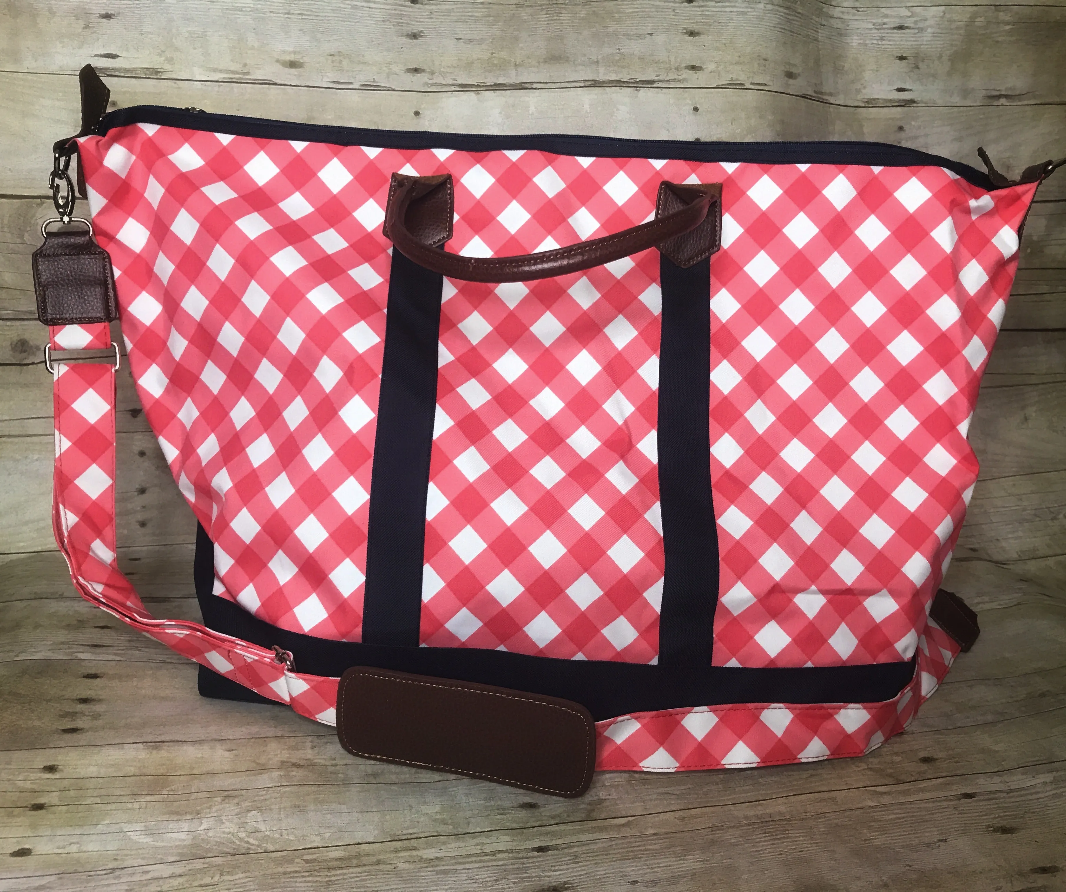 Coral Gingham Weekender Bag