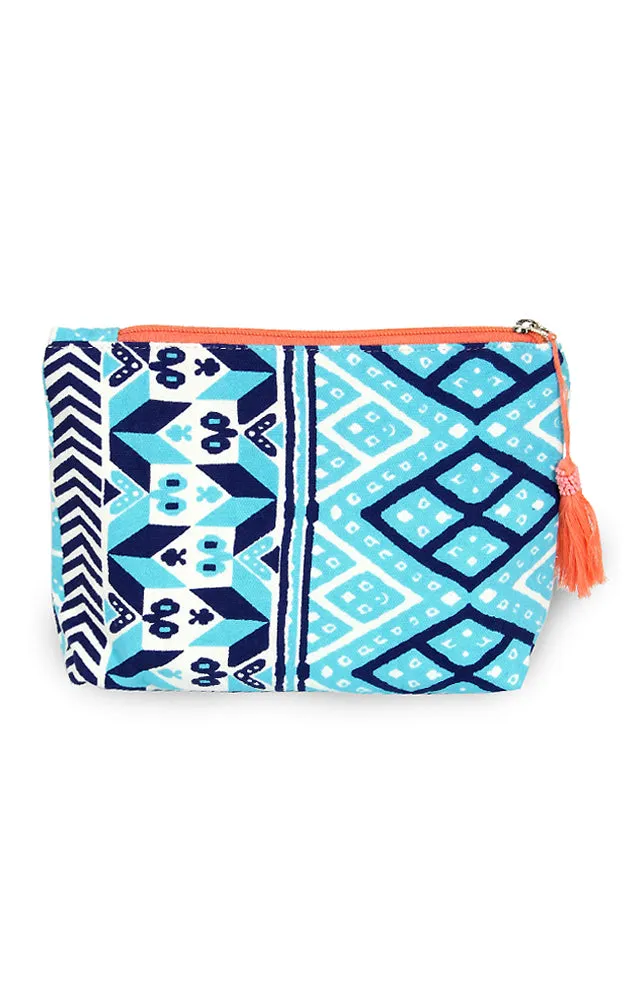 EAB0215 TQ-Blue Multi Pattern Print Tassel Cosmetic Pouch Bag