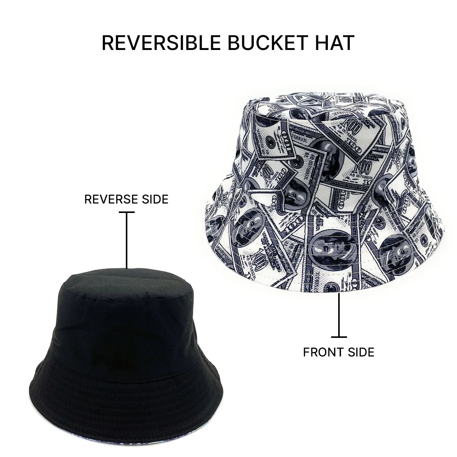 Empire Cove 100 Dollar Bill Money Bucket Hat Reversible Fisherman Cap Women Men