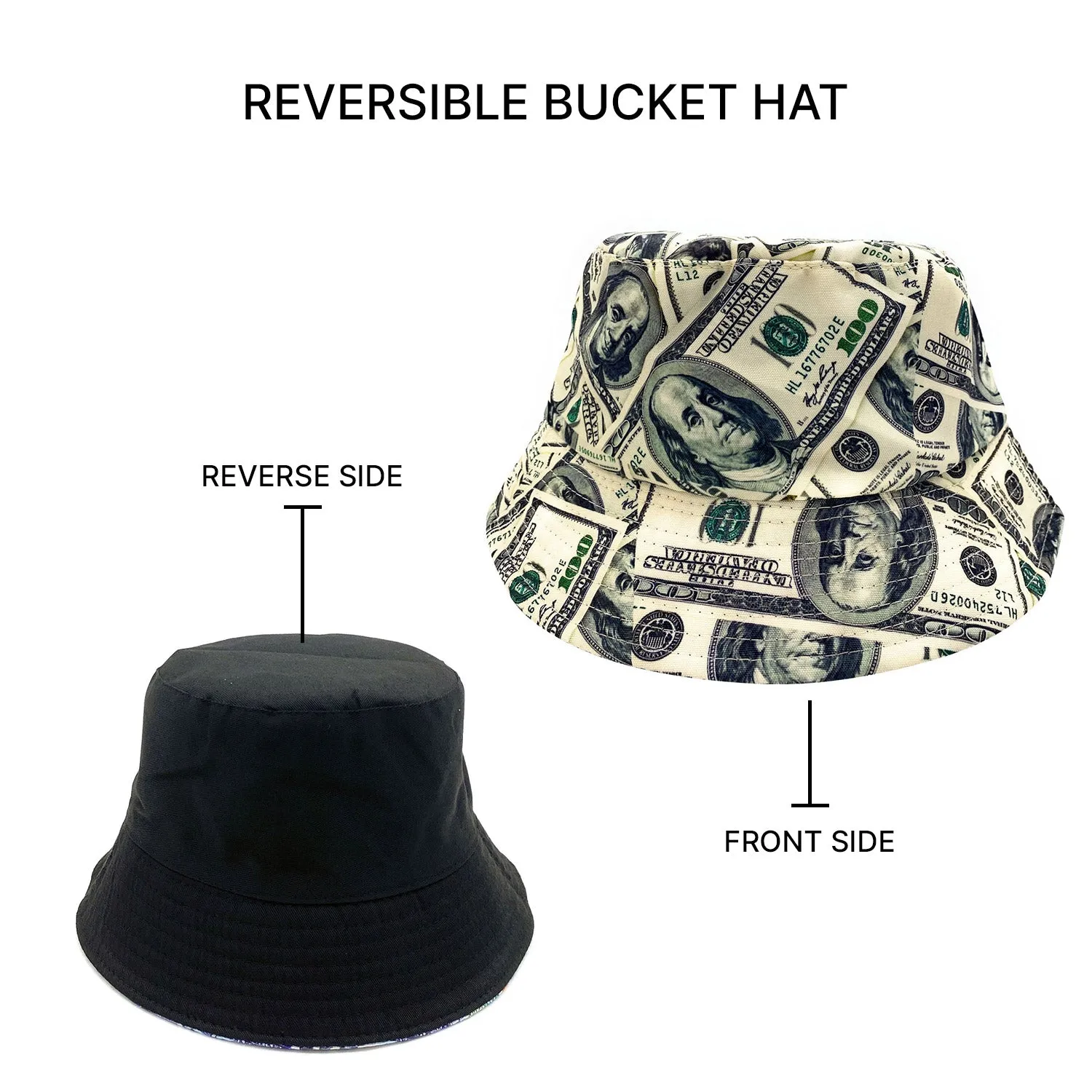 Empire Cove 100 Dollar Bill Money Bucket Hat Reversible Fisherman Cap Women Men