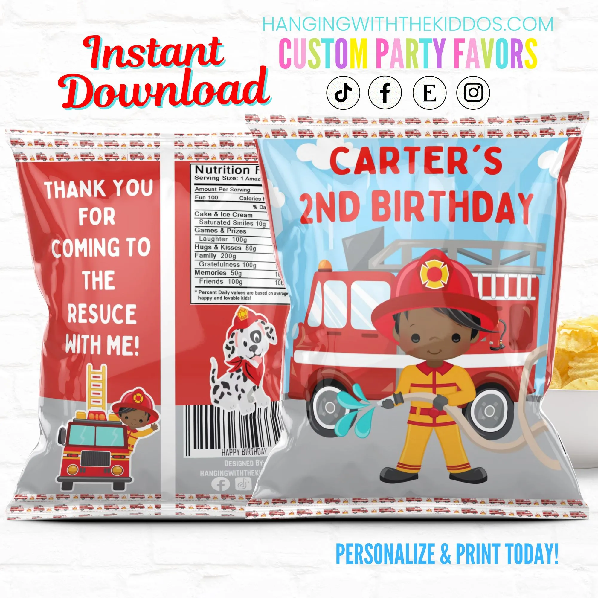 Firefighter Birthday Party Favor Personalized Chip Bags Instant Download