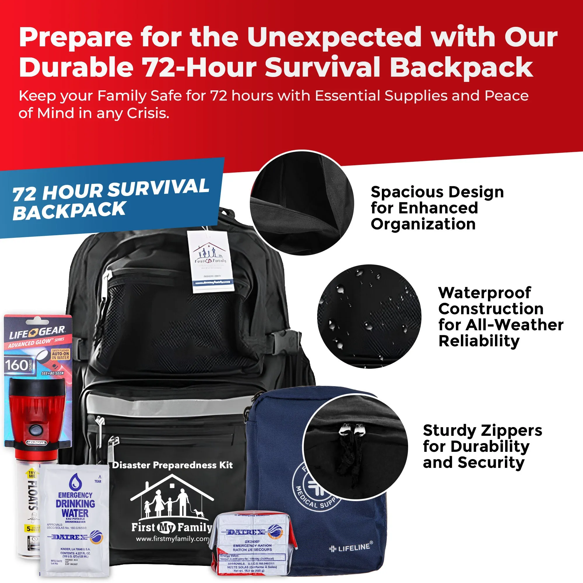 First My Family All-in-One Premium Disaster Preparedness Survival Kit with 72 Hours of Survival and First-Aid Supplies