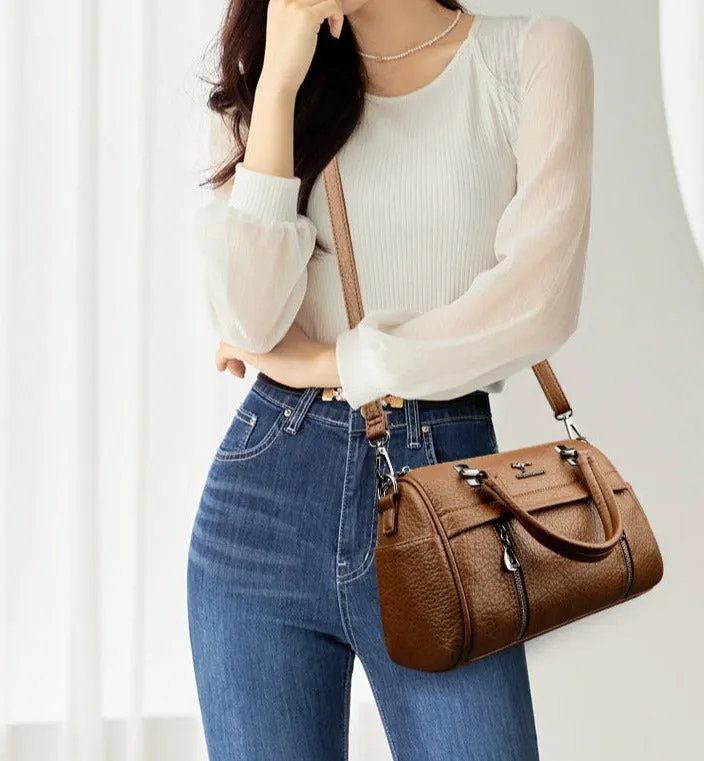 Genuine Leather Boston Pillow Bag Women's Autumn and Winter New Large Capacity Versatile Shoulder Crossbody Handbag