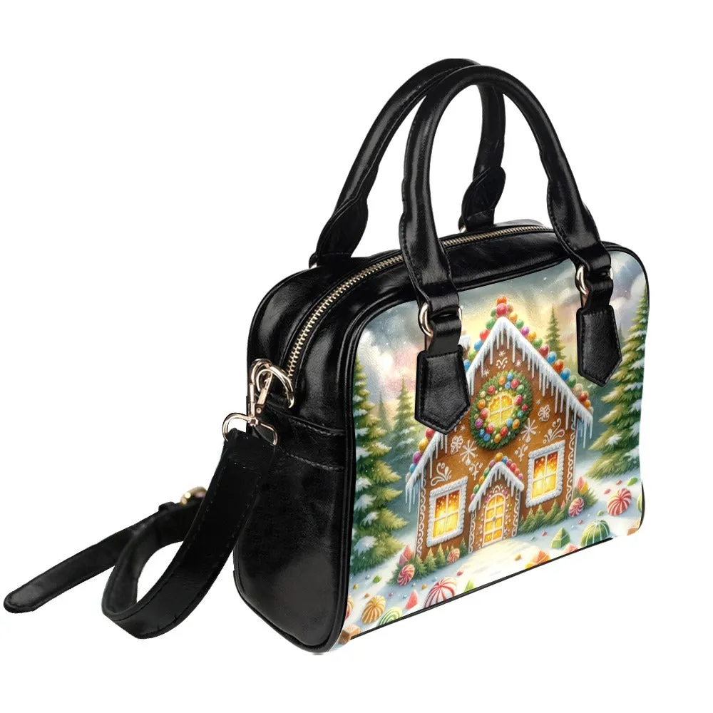 Gingerbread House Purse, Christmas Xmas Pattern Cute Small Shoulder Zip Bag Vegan Leather Women Designer Handbag Crossbody Ladies