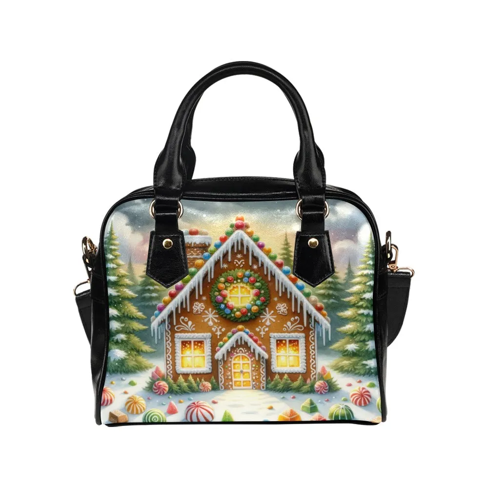 Gingerbread House Purse, Christmas Xmas Pattern Cute Small Shoulder Zip Bag Vegan Leather Women Designer Handbag Crossbody Ladies