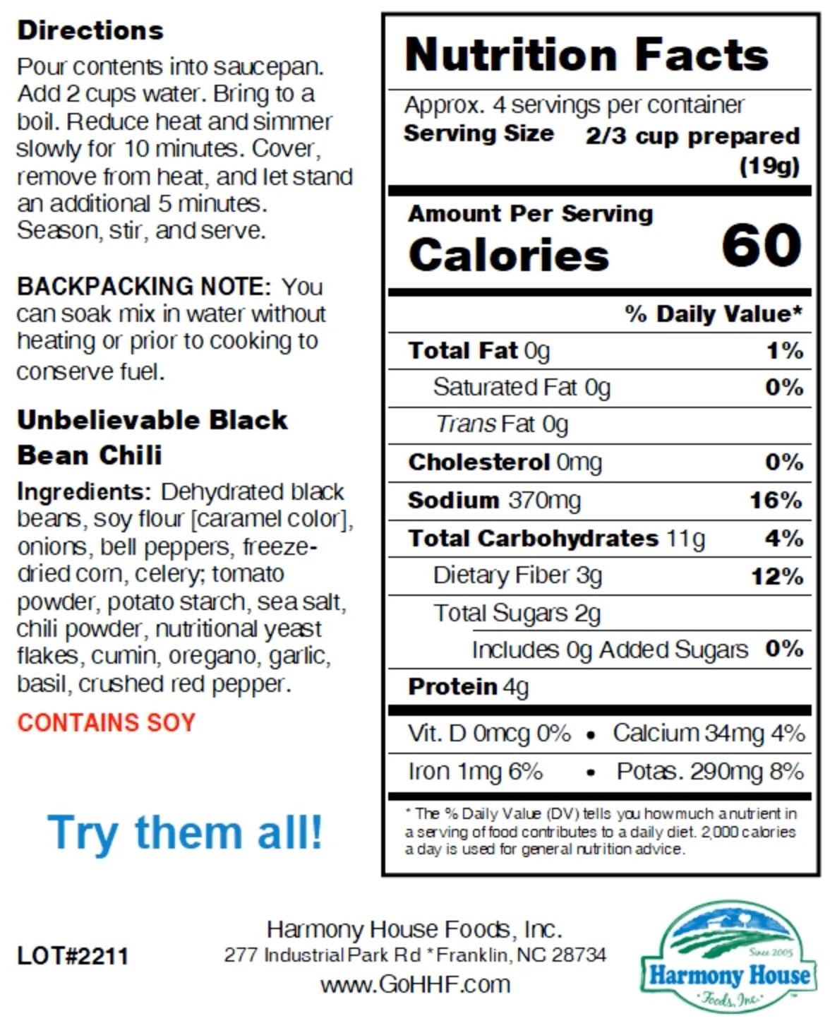 Harmony House Unbelievable Black Bean Chili (2.65 oz)