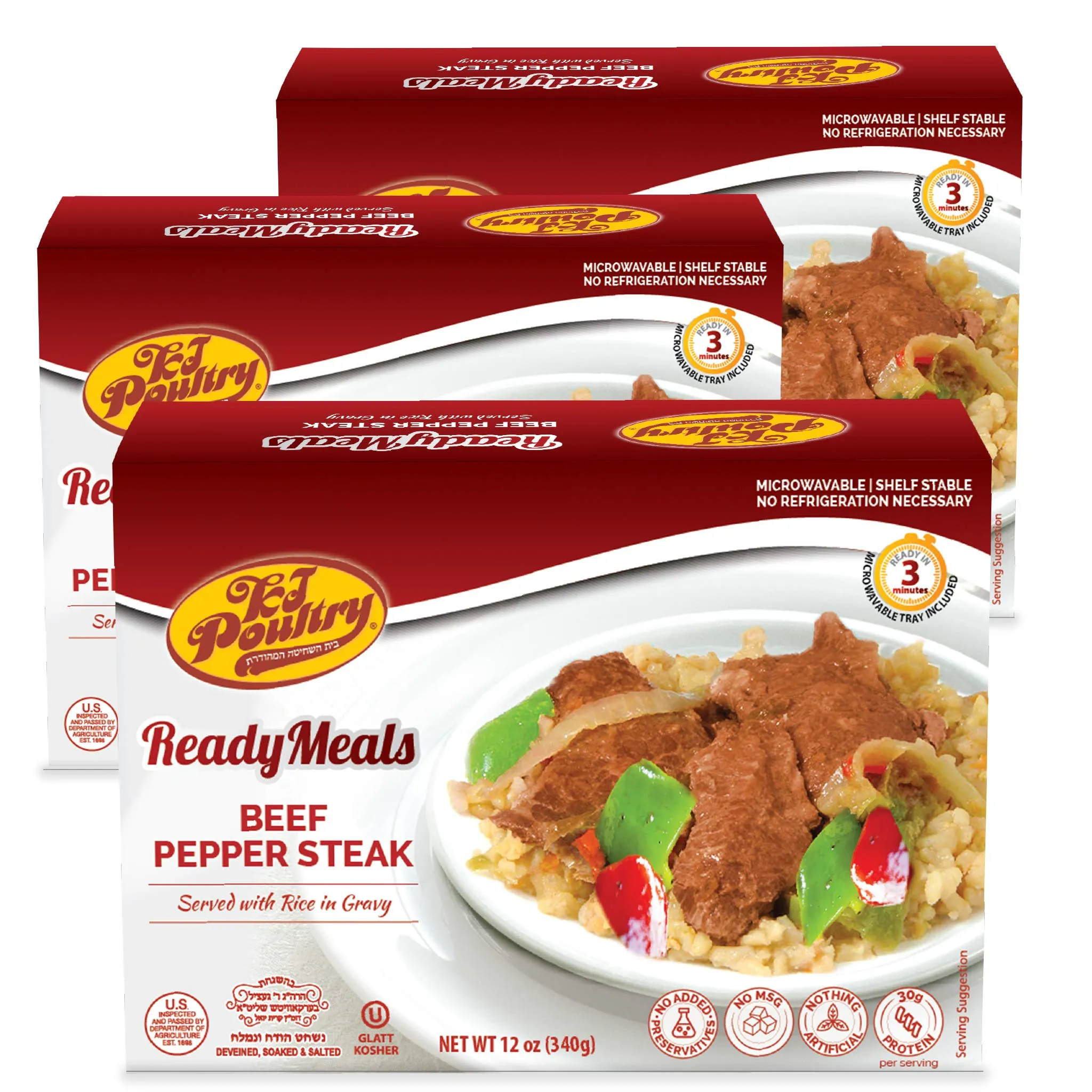 KJ Poultry Kosher MRE Meat Meals Ready to Eat, Beef Pepper Steak and Rice - 3 Pack