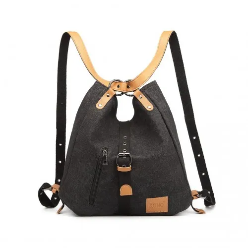 Kono Canvas Hobo Slouch Shoulder Bag and Backpack - Black | Stylish & Versatile for Travel & School