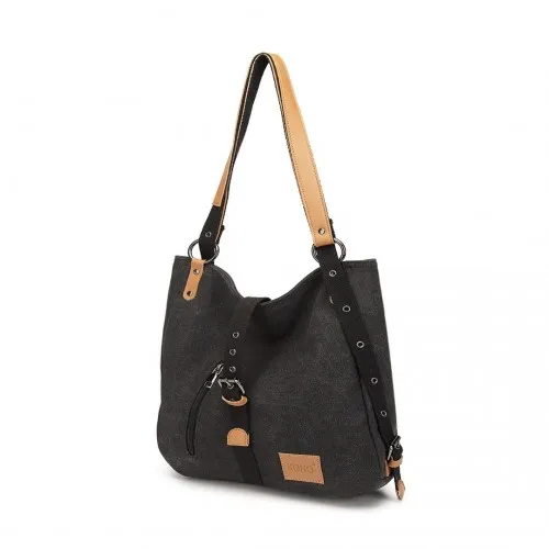 Kono Canvas Hobo Slouch Shoulder Bag and Backpack - Black | Stylish & Versatile for Travel & School