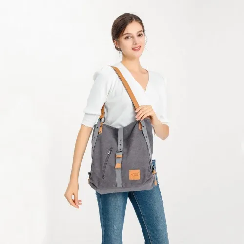 Kono Canvas Hobo Slouch Shoulder Bag and Backpack - Black | Stylish & Versatile for Travel & School