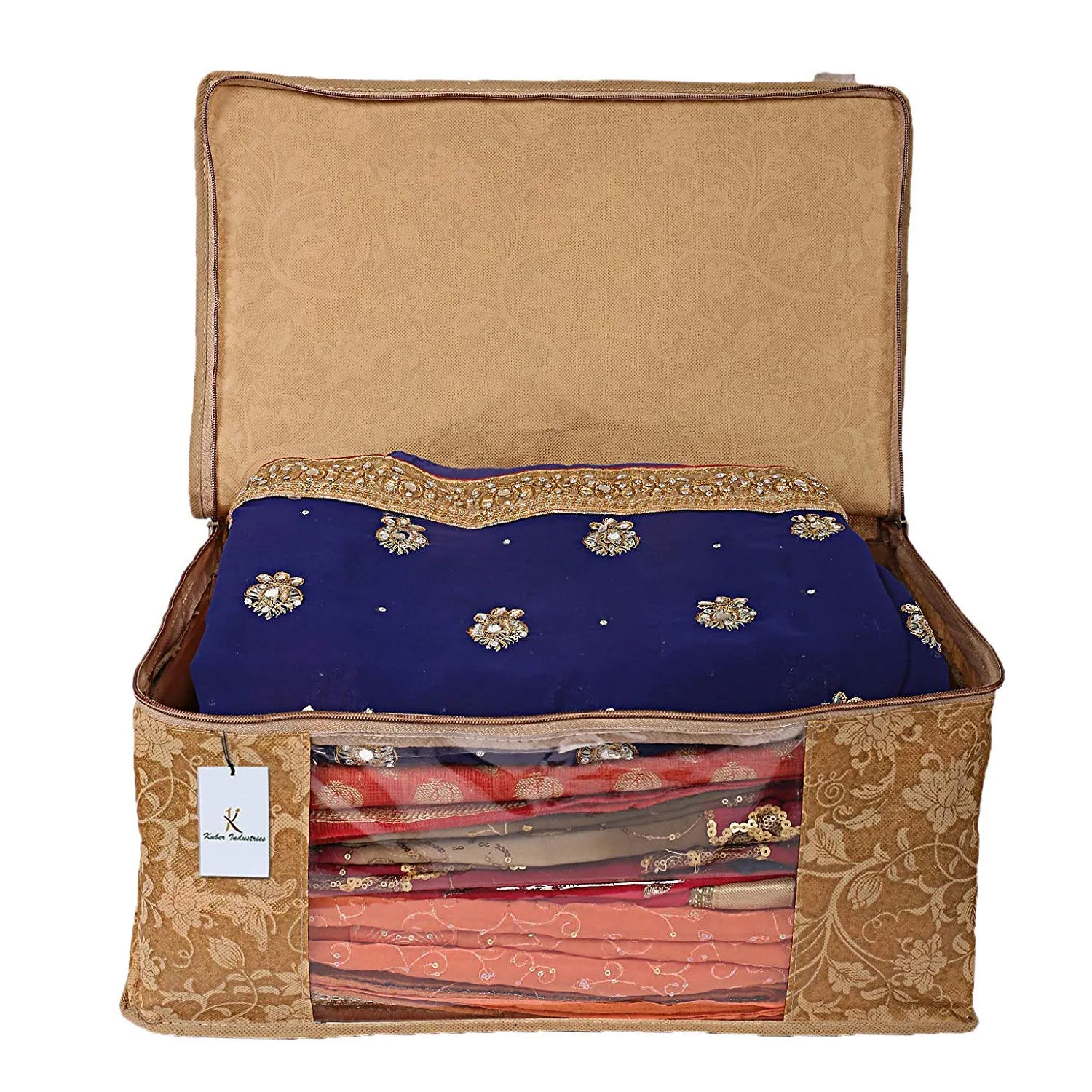 Kuber Industries Metallic Printed Non Woven 2 Pieces Saree Cover and 2 Pieces Underbed Storage Bag, Cloth Organizer for Storage, Blanket Cover Combo Set (Beige) -CTKTC038560