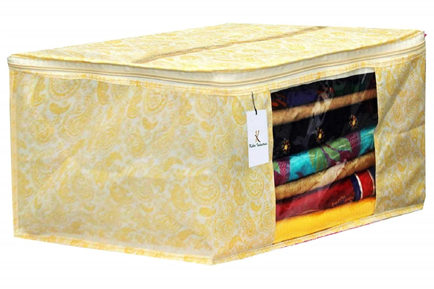 Kuber Industries Metallic Printed Non Woven 3 Pieces Saree Cover and 2 Pieces Underbed Storage Bag, Cloth Organizer for Storage, Blanket Cover Combo Set (Gold) - CTKTC038585