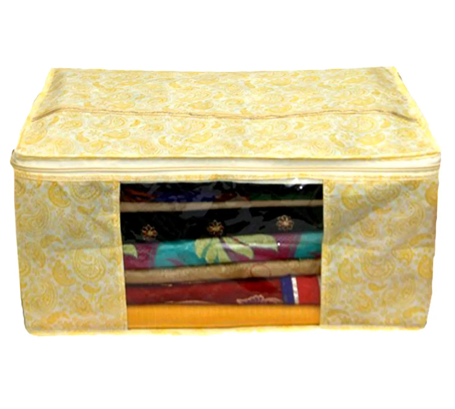 Kuber Industries Metallic Printed Non Woven 3 Pieces Saree Cover and 2 Pieces Underbed Storage Bag, Cloth Organizer for Storage, Blanket Cover Combo Set (Gold) - CTKTC038585