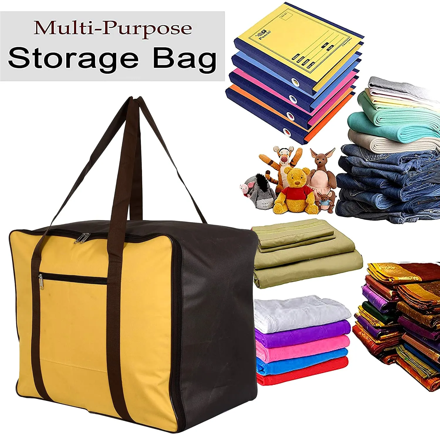 Kuber Industries Moisture Proof Wardrobe Organizer Storage Bag For Clothes With Zipper Closure and Handle (Yellow & Brown) (HS43KUBMART026653)