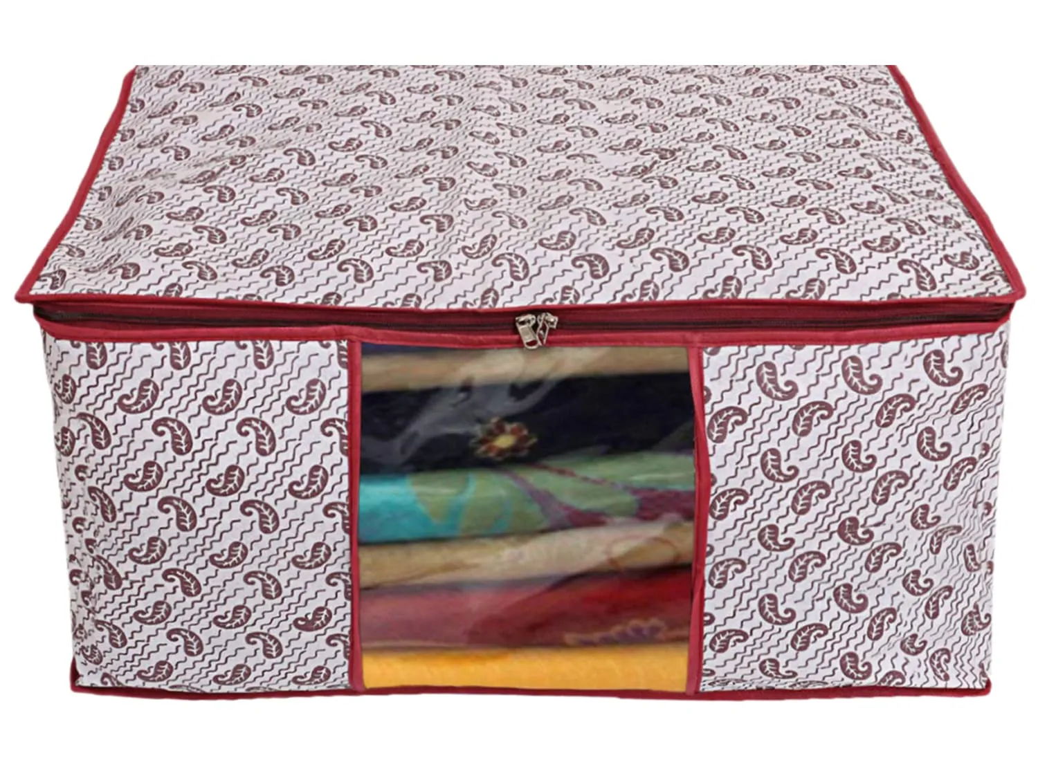 Kuber Industries Paisley Design Non-woven Sarees, Clothes Cover/Organizer With Transparent Window- Pack of 12 (White)-44KM0352