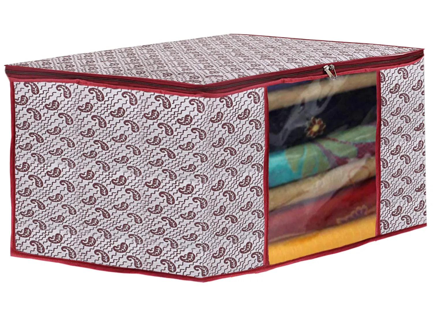 Kuber Industries Paisley Design Non-woven Sarees, Clothes Cover/Organizer With Transparent Window- Pack of 12 (White)-44KM0352