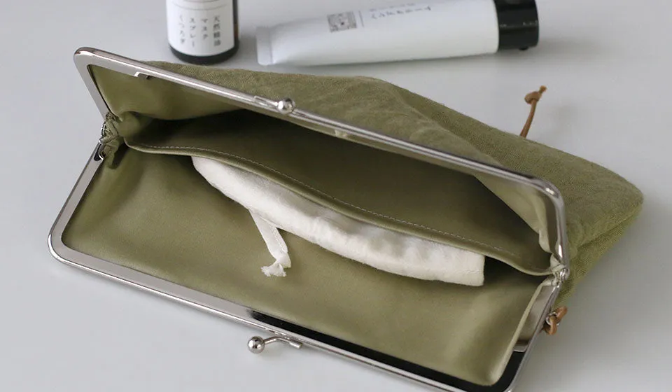 Linen Clasp Pouch - Large Size /  Light Green Color - , Cosmetic Pouch, Makeup Pouch, Japanese Gamaguchi Pouch, Travel Toiletry Pouch, Stationery Pouch, Bag organizer, Bag in Bag