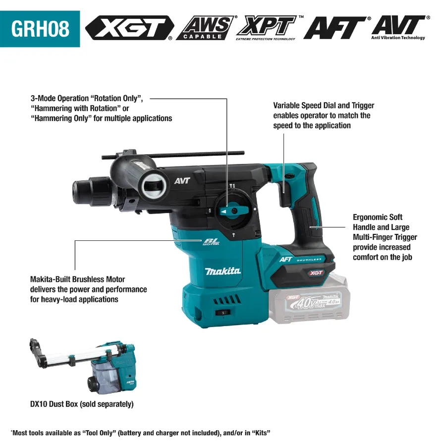 Makita GRH08M1 40V max XGT® Brushless Cordless 1‑3/16" SDS‑PLUS AVT® Rotary Hammer Kit, AFT®, AWS® Capable (4.0Ah)