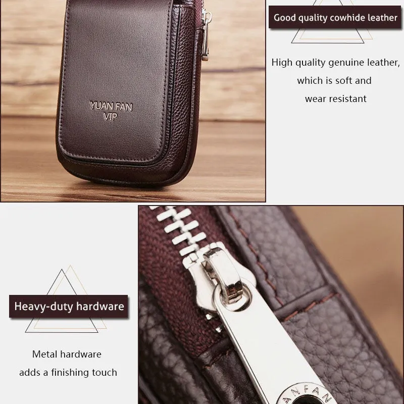 Men Genuine Leather Double Layer Large Capacity Waist Bag Retro Mini 6.5 Inch Phone Belt