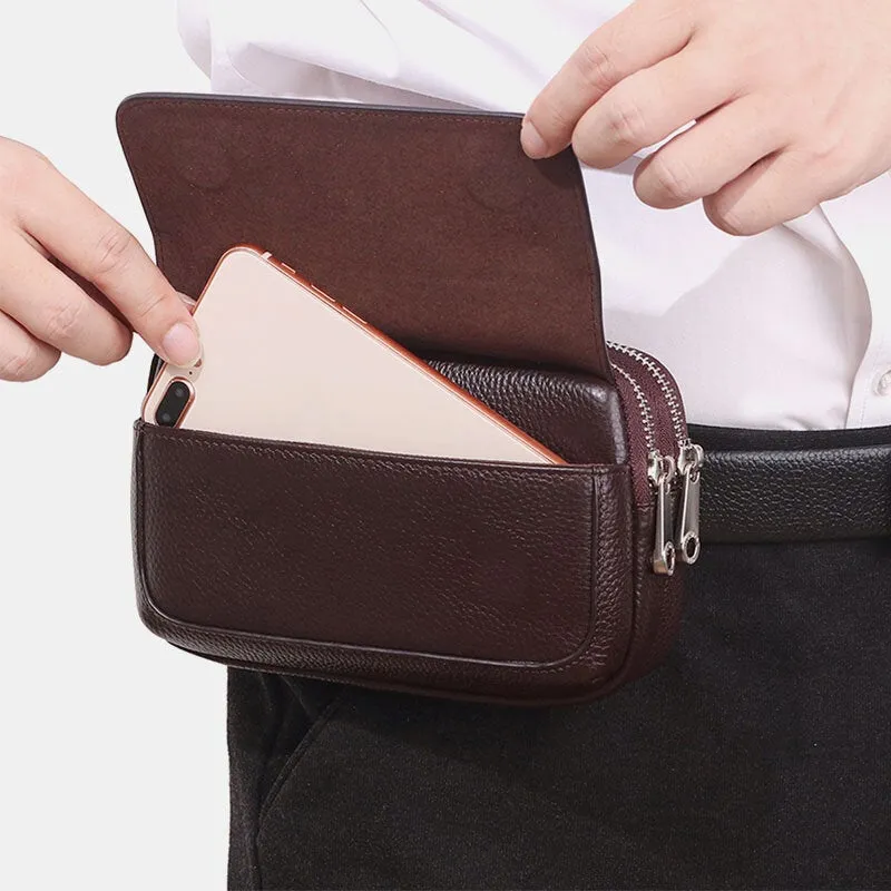 Men Genuine Leather Double Layer Large Capacity Waist Bag Retro Mini 6.5 Inch Phone Belt