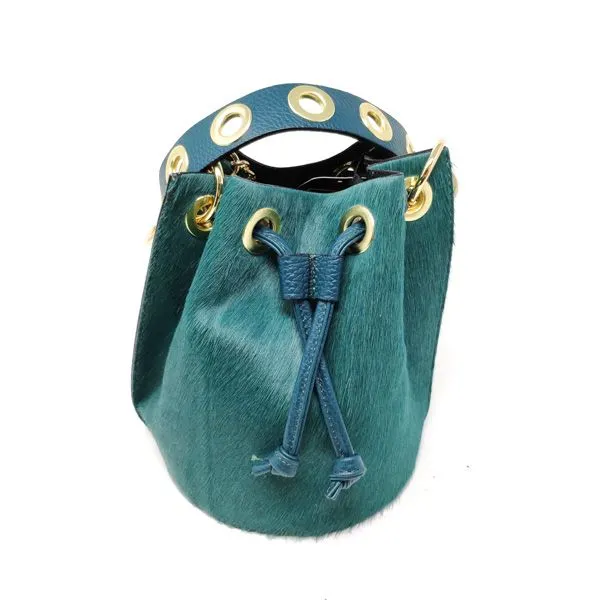 Mila Genuine Leather Pony Hair Bucket Bag | Green