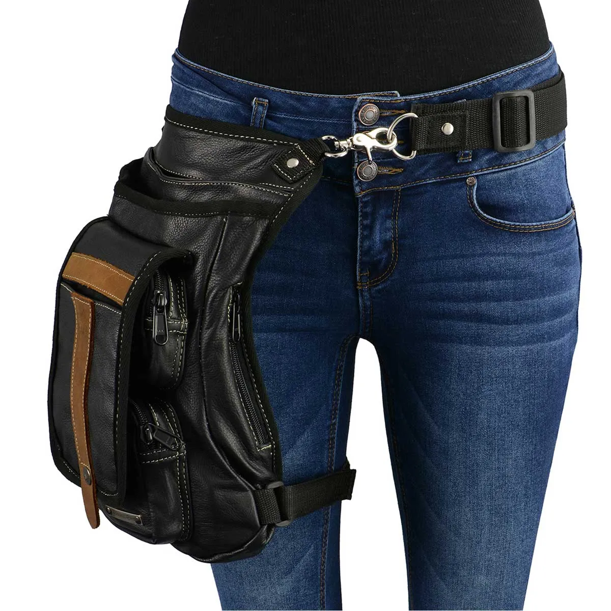 Milwaukee Leather MP8897 Black and Tan Conceal and Carry Leather Thigh Bag with Waist Belt