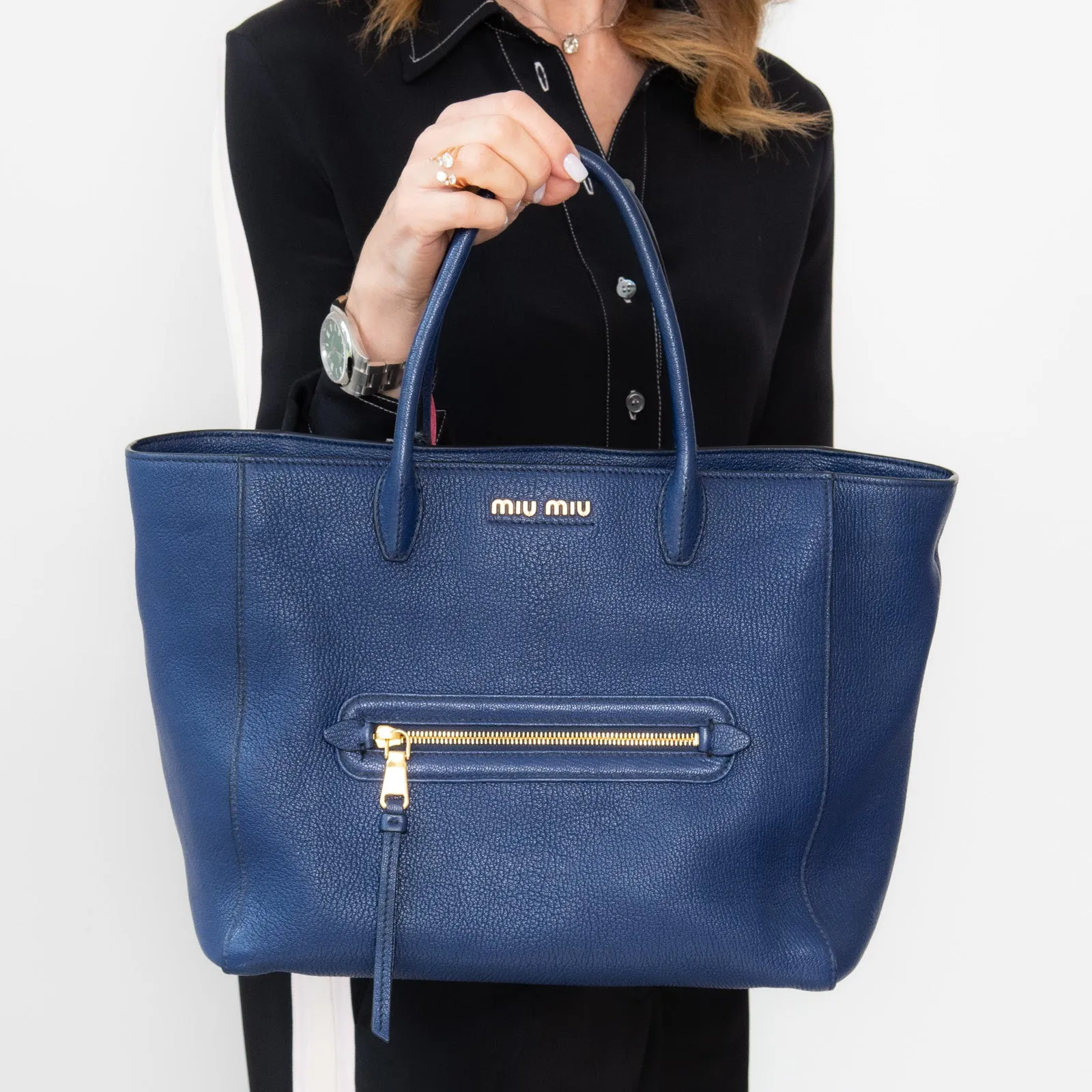 Miu Miu Blue Leather Tote Bag