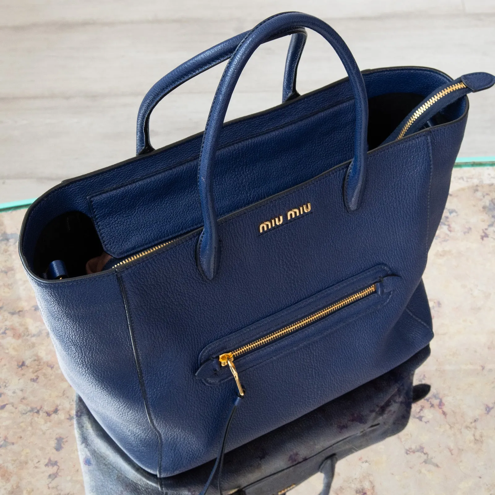 Miu Miu Blue Leather Tote Bag